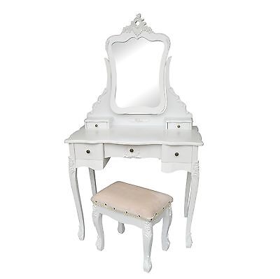 SECONDS Vanity White French Style Dressing Table Makeup Desk Mirror Stool Set 2