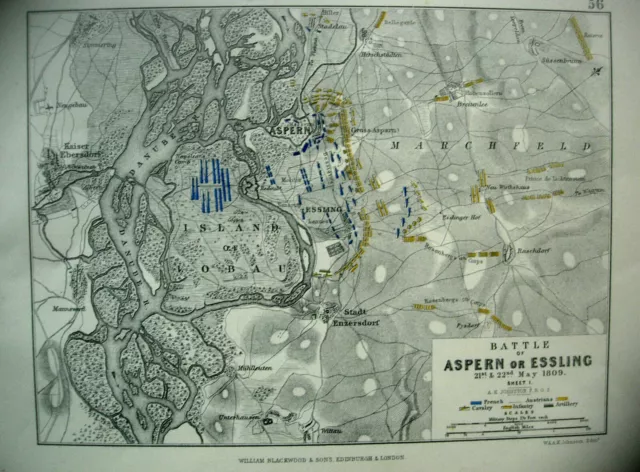 THE BATTLE OF ASPERN or ESSLING 1809 - ANTIQUE BATTLE MAP 1875