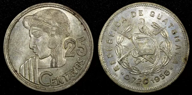 Guatemala Silver 1956 25 Centavos Mintage-342,000 27mm Toned KM# 258 (24 608)