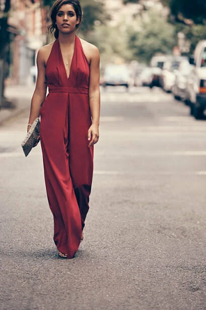 Jill Stuart Jumpsuit Mara Halter Neck Deep Burgundy Color Size 0 XS Pockets