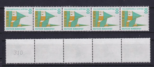Bund 1406 v RM 5er Streifen mit gerader neue Nummer SWK 100 Pf ** weißer Gummi