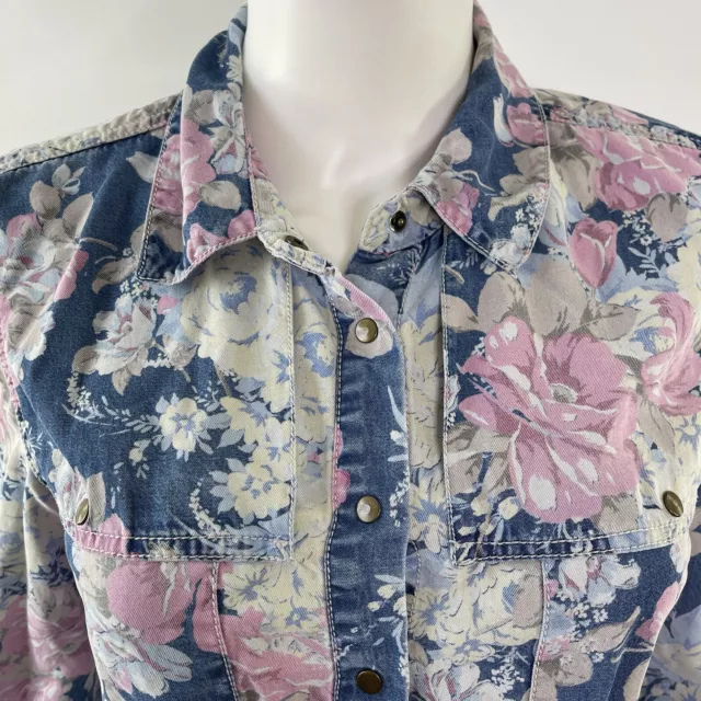 GUESS Women's Blue Floral Long Sleeve Snap Button Denim Shirt Size S 2