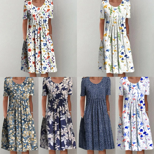Femmes Manche Courte Floral Robe Femme Été Bouffant Poche Plissé Rob *