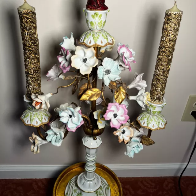 Vintage Capodimonte Porcelain Large Candelabra Flowers