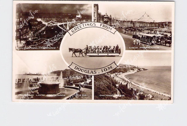 RPPC Real Photo Postcard Isle Of Man Douglas Greetings Multi-View Loch Promenade