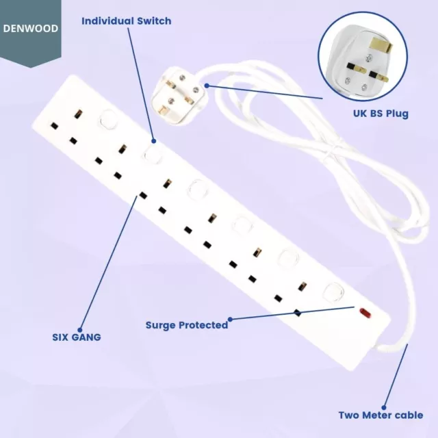 6 Gang Way 2 Meter Individually Switched Extension Lead With Neon Indicator  -2m