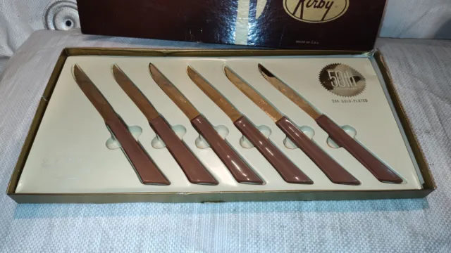 Set of 6 Vintage Kirby Quikut Gold 8" Steak Knives in Original Box