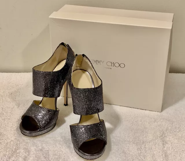 JIMMY CHOO “PRIVATE” Glitter Platform Heels ANTHRACITE Size 36.5