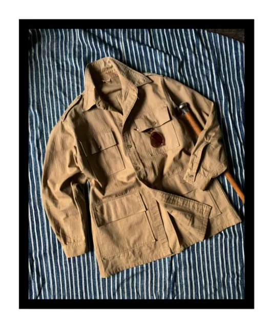 A Brilliant Vintage British Army Khaki Bush Jacket In A Herringbone Cotton WW2?