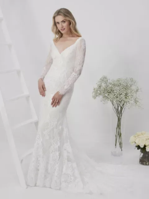 Abito da sposa Eternity Bridal D5807 taglia 8 blush in pizzo avorio manica lunga schiena bassa