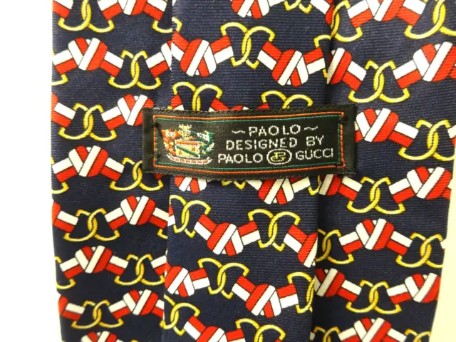 Vtg Rare Paolo Gucci Mens Silk Necktie Chain Link Horse Bit Navy Red Gold Vguc