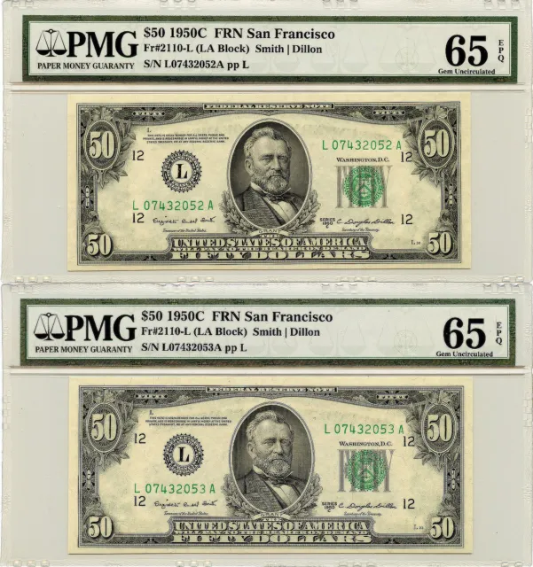 1950C $50 San Francisco, CA FRN Fr #2110-L PMG Gem UNC 65 EPQ Sequential Set