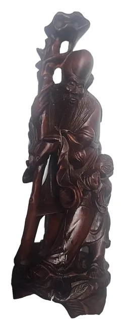Chinese Wood Carving Immortal Shou Lao Sculpture with Child 9" *Read