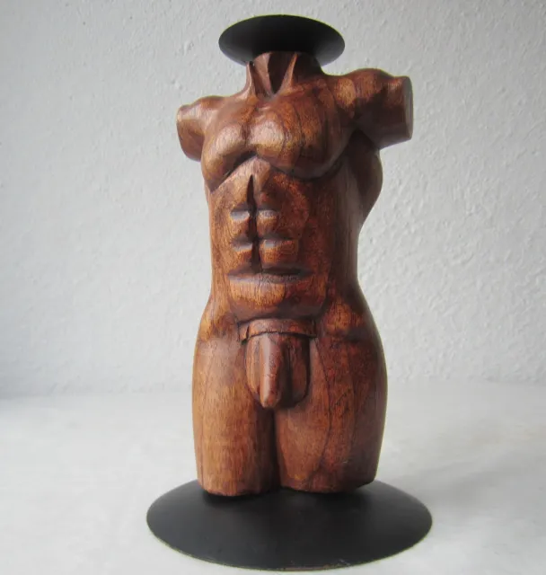 8" Wooden Man Nude Torso, Hand Carved wood candle holder, figure statue, carving