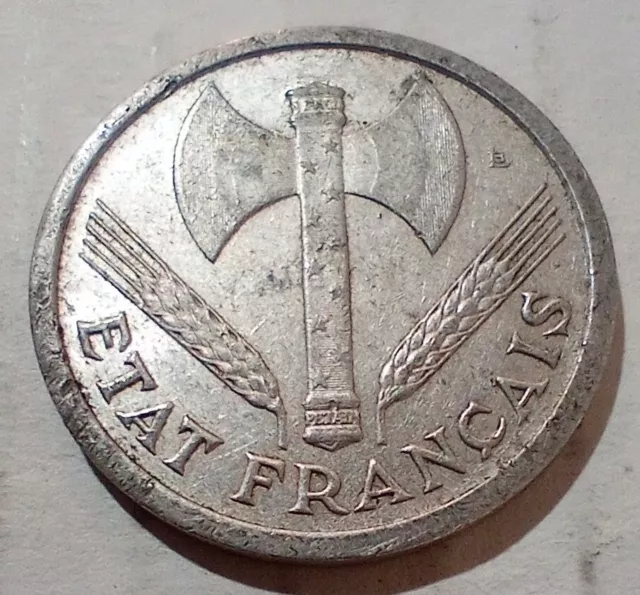 France 1943 2 Francs Aluminum Coin Vichy Government WWII Travail Famille Patrie