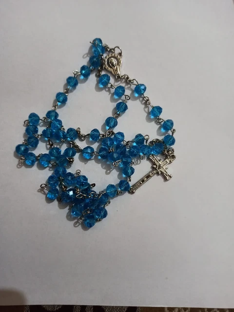 Sky Color Crystal Bead Rosery Necklace Catholic Silver Colour Chain &Cross Jesus
