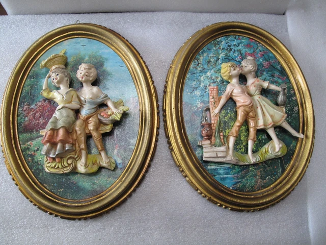 TWO Vintage 3D Figural Art Wall Plaque Framed Italy Friends, Kissing