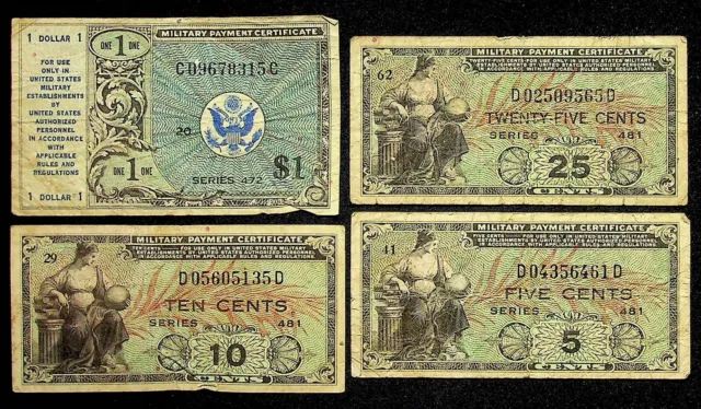 Military Payment Certificate Lot Of 4 Series 481 10¢ 5¢ 25¢ + Series 472 $1
