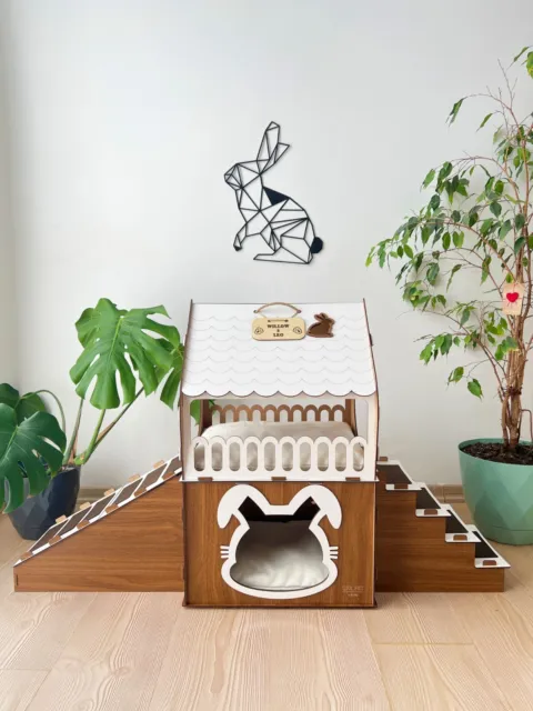 Casa de madera para conejos, casa para conejos de dos pisos, para dos conejos, 1 rampa 1 escalera M