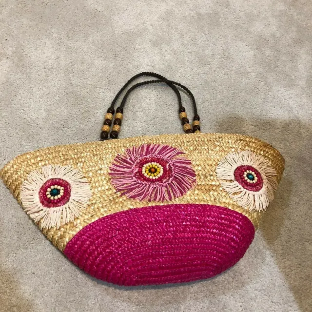 Womens Straw Beach Shoulder Bag Summer Handmade woven Tote Handbag Purse  pink