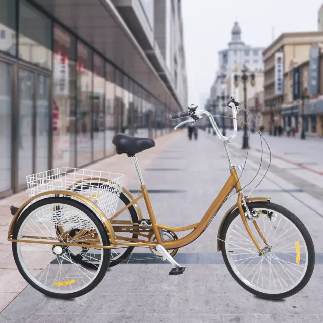 Tricycle Adulte 24 Pouces 6 Vitesses Avec Panier - Tricycle Pour Personnes Âgées Jaune