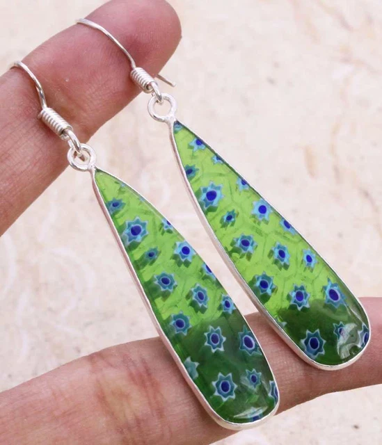 Dichroic Glass 925 Silver Plated Handmade Earrings of 2" Ethnic Gift