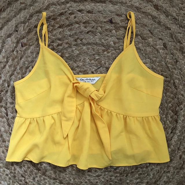 CRAVATTA TOP MISS SELFRIDGE GIALLA SMOCK CON CINTURINO CROP ANTERIORE taglia 6 vintage retrò anni '90