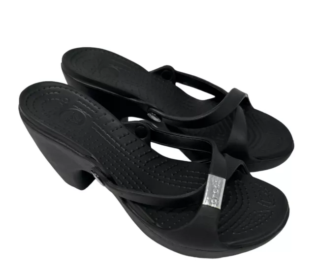 Crocs Cypress Sandals Women's 8 Black Block Heel Strappy Slip On Mule Shoes