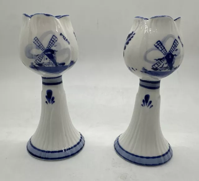 Vintage Pair of Delft Blue Hand Painted Windmill Tulip Candlesticks from Holland