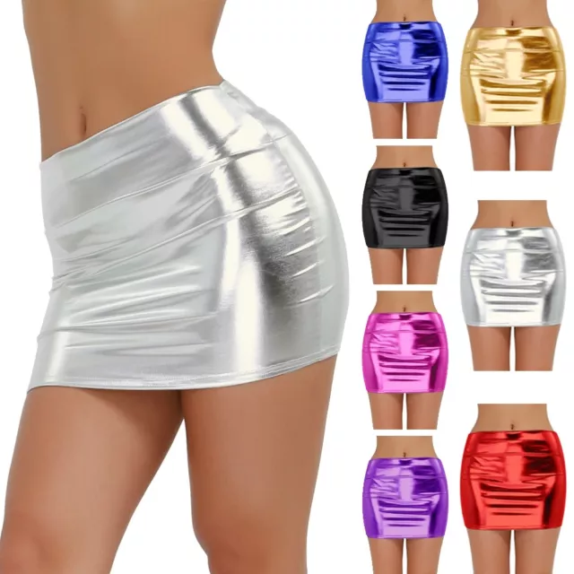 Women's Shiny Metallic Party Bodycon Liquid Wet Look Short Mini Skirt Clubwear