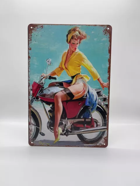 Blechschild Pin Up Motorrad 20x30cm Nostalgie Retro Reklame Vintage Deko Garage