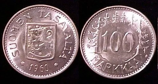 1960 Finland Silver 100 Markkaa Nice Brilliant BU-low mintage