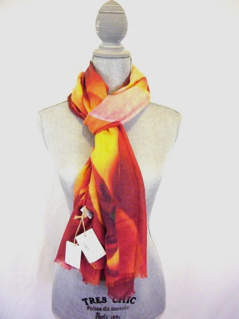 YARNZ Contemporary Printed Red/Orange Scarf Cashmere & Silk, New $250