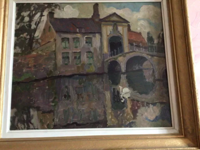 Tableau ancien Peinture huile sur bois représentant pont Saint Boniface à Bruges