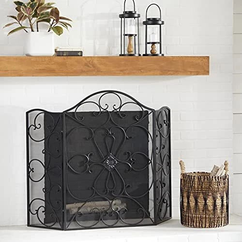 Deco 79 Metal Scroll Foldable 3 Panel Fireplace Screen with Mesh Netting 49" ...