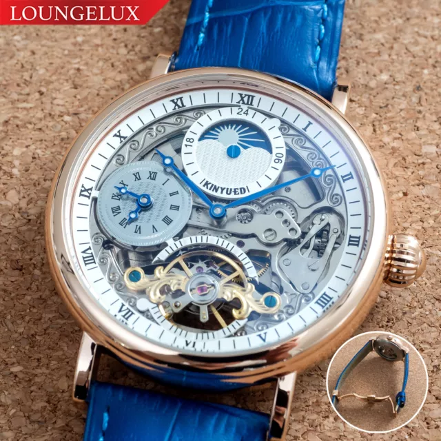 Mens Rose Gold Dual Time Skeleton Automatic Mechanical Watch Blue Leather