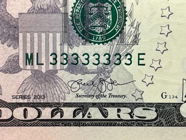 Fancy Serial Number Series 2013 Five Dollar Bill Solid 3s PMG 67 EPQ Star Unc.