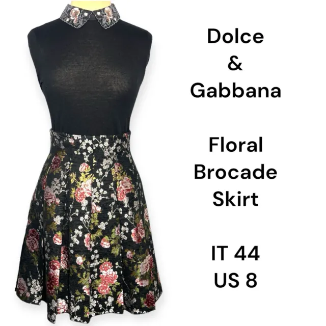 Dolce & Gabbana Black Multicolor Floral Brocade A Line Skirt US Size 8 IT 44