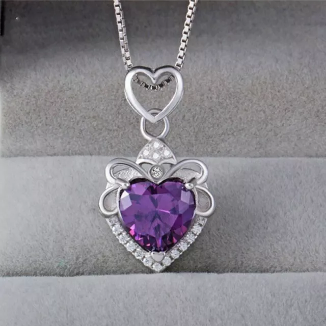 Womens 925 Sterling Silver Crystal Heart Pendant Chain Necklace Jewellery Gift