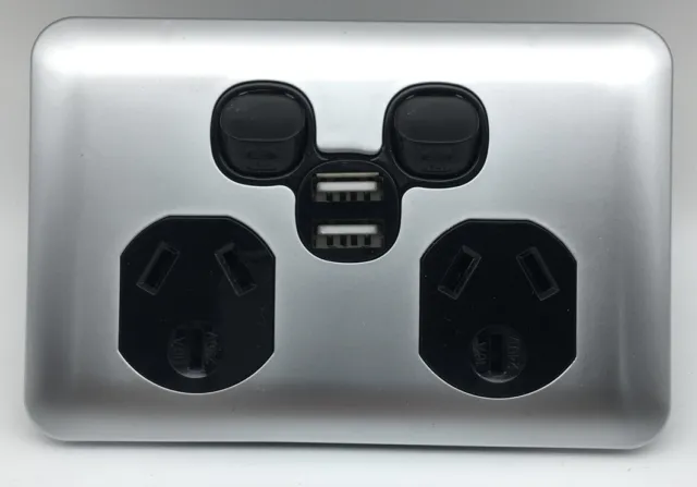 Double USB Port 3 Pin Electrical Power Point Socket Outlet Slim GPO Silver Black