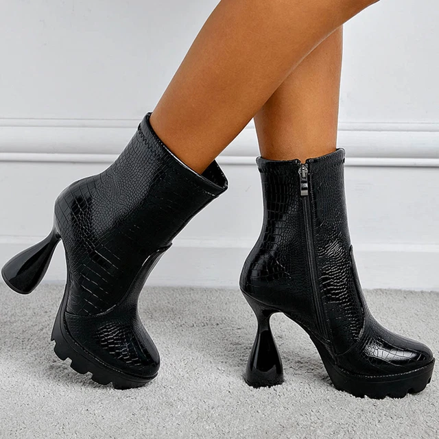 Bottes Chaussures pour Femmes 12 CM Platform Noir Brillant Bottines Cuir