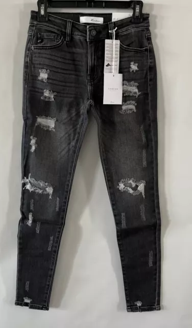 Kancan Jeans Womens 1/24 Mid Rise Skinny Black Distressed Ripped Stretchy Denim