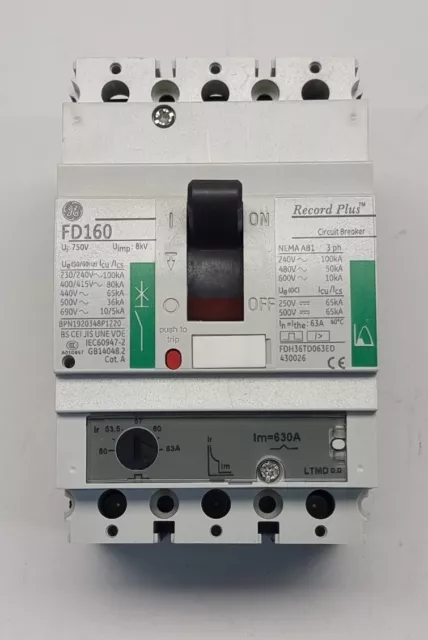 GE Record Plus FD160 MCCB Circuit Breaker 3 Pole 690V 63A LTMD Trip Unit 430026