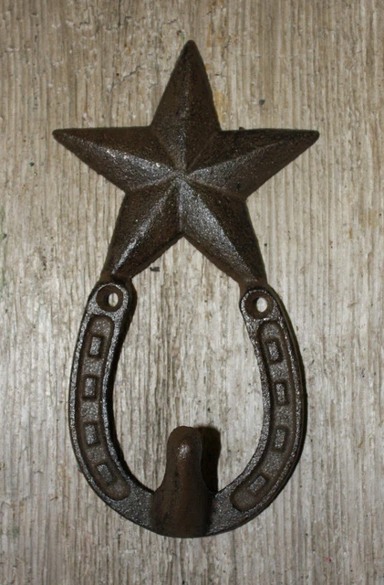 Cast Iron Rustic Ranch STAR 1 HOOK Coat Hooks Rack Towel HorseShoe