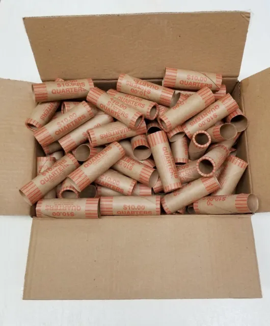 100 Rolls Preformed Coin Wrappers Paper Tubes For QUARTERS 25c  (Holds $10 Each)