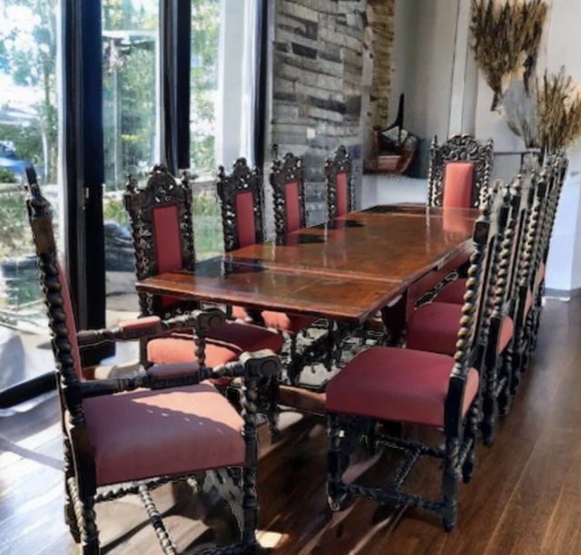 SOLID OAK EXTENDING Plank Top Refectory Dining Table & 10 Chairs. £