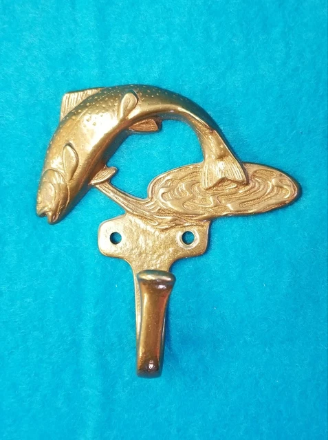 SOLID BRASS COAT HOOK/HANGER ~ Fish Trout ~ w/brass screws ~ Vintage