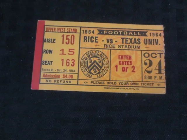 Texas Longhorns Football Ticket  VS Rice Owls Oct 24, 1964  Creased