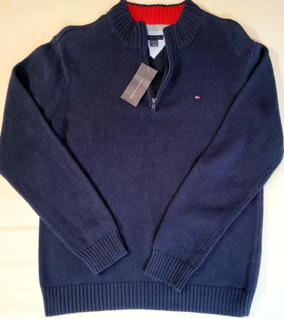 Tommy Hilfiger Boys 1/4 Zip Sweater Pullover Medium 12/14 Blue Long Sleeve Logo