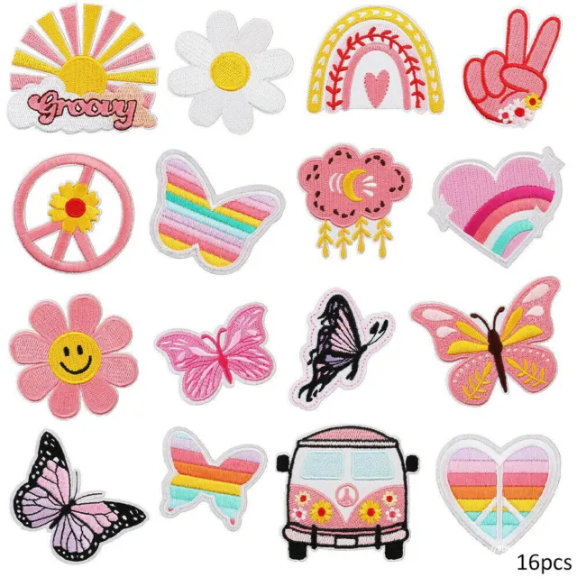 16Pcs Cartoon Bus Butterfly Iron On Patches Embroidered Patch DIY Clothes Decors